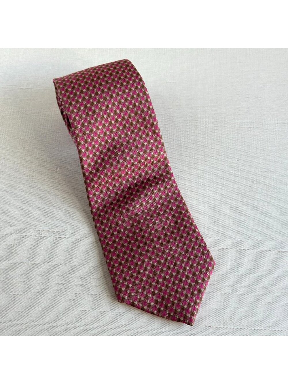 Guy Laroche Silk Tie Pink Olive Brown Micro Check Vintage Necktie